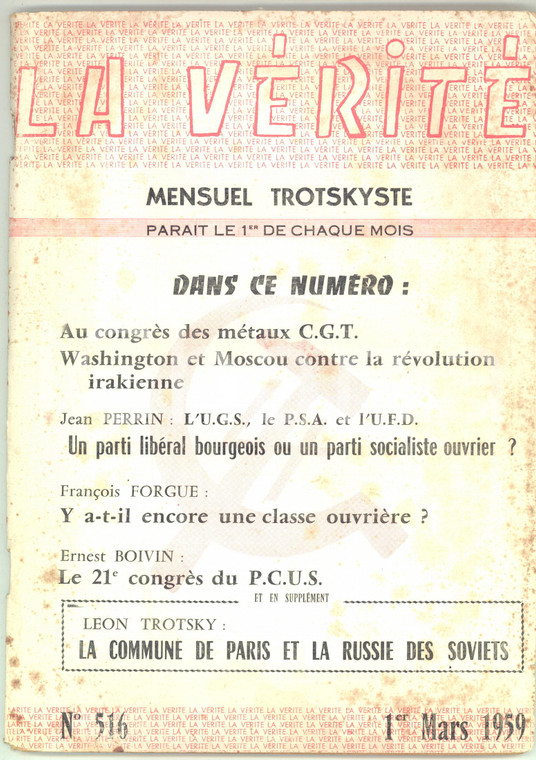 1959 LA VÉRITÉ Congrès métaux C.G.T. - 21e congrès P.C.U.S. - Mensuel trotskyste