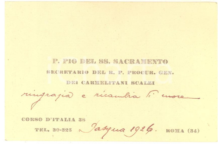 1926 ROMA Padre Pio del SS. Sacramento - Carmelitani Scalzi - AUTOGRAFO