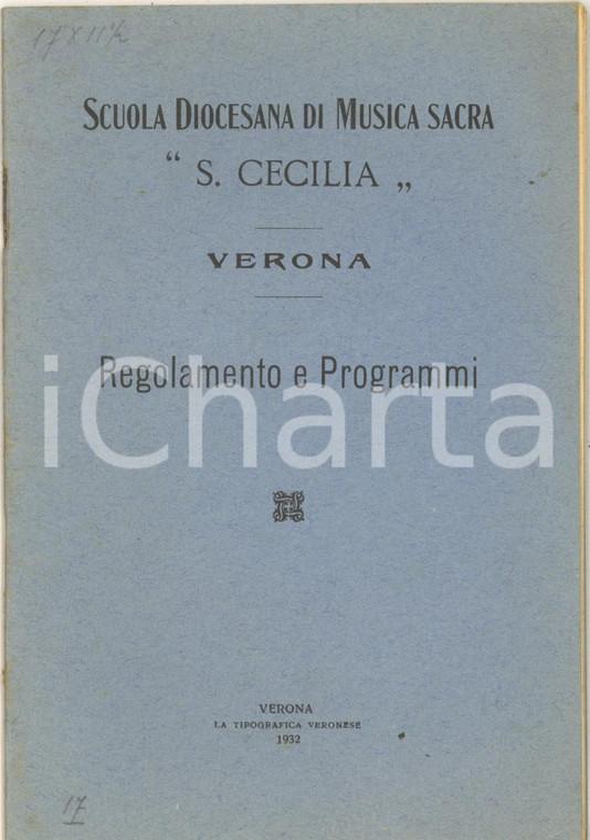 1932 VERONA Scuola Diocesana Musica Sacra "S. Cecilia" - Regolamento e programmi