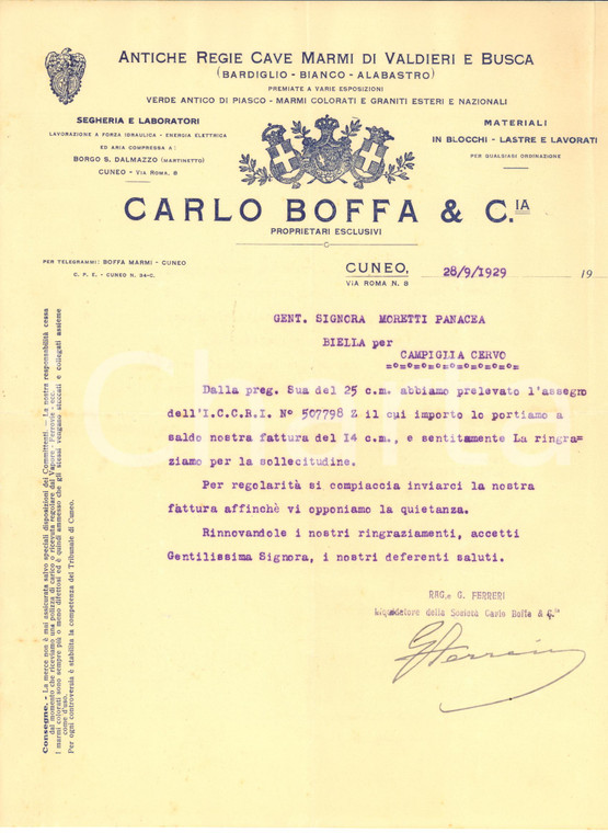 1929 CUNEO via Roma - Ditta Carlo BOFFA marmi e graniti - Lettera commerciale