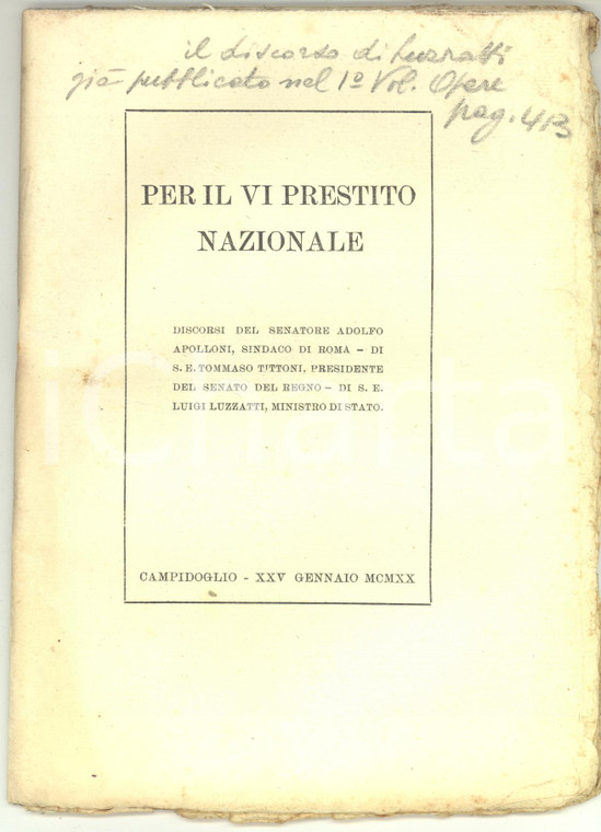 1920 AA.VV. Discorso per il VI Prestito Nazionale - APOLLONI TITTONI LUZZATTI