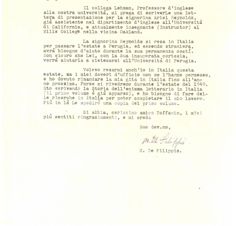 1948 University of CALIFORNIA - Lettera Michele DE FILIPPIS  - Autografo