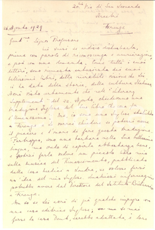 1929 FIRENZE Nesta DE ROBECK propone la traduzione di un saggio - Autografo