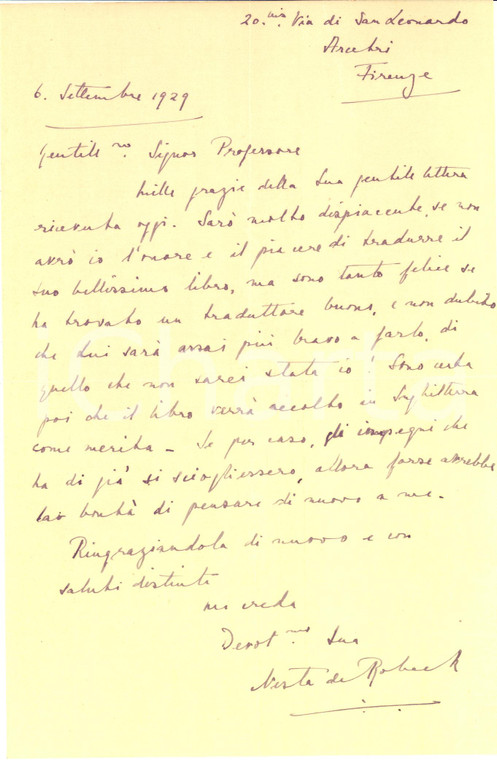 1929 FIRENZE Lettera di Nesta DE ROBECK per traduzione di un saggio - Autografo