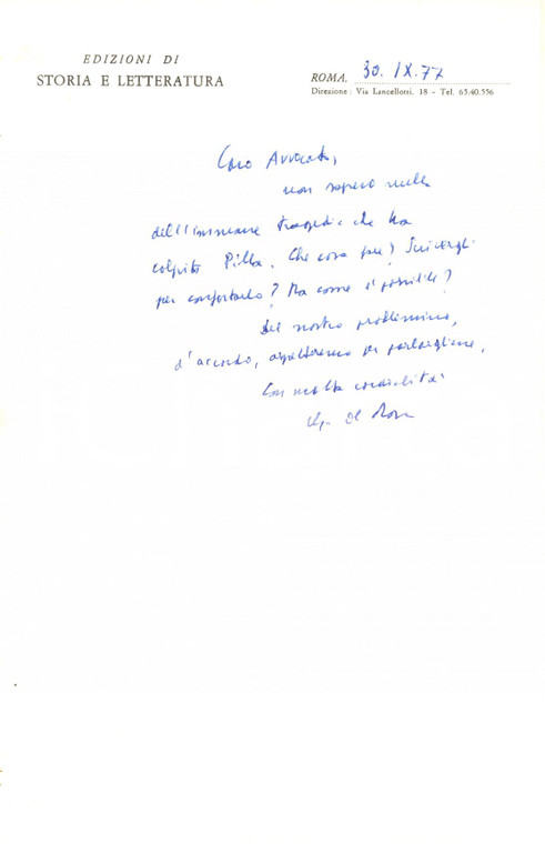 1977 ROMA Lettera Gabriele DE ROSA - Edizioni Storia e Letteratura - Autografo