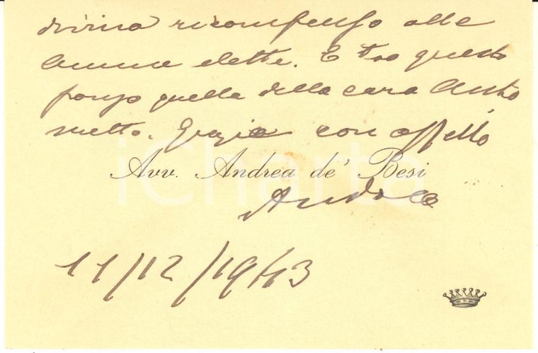 1943 PADOVA Avvocato Andrea DE BESI - Biglietto da visita - Autografo
