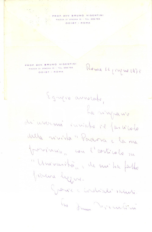 1975 ROMA Lettera Bruno VISENTINI per articolo ricevuto - Autografo