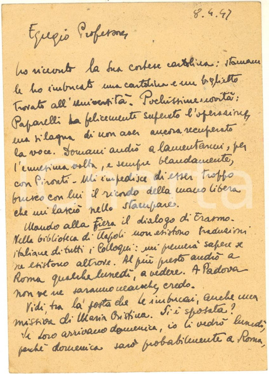 1947 NAPOLI Cartolina Giulio VALLESE per programmi di lavoro - Autografo