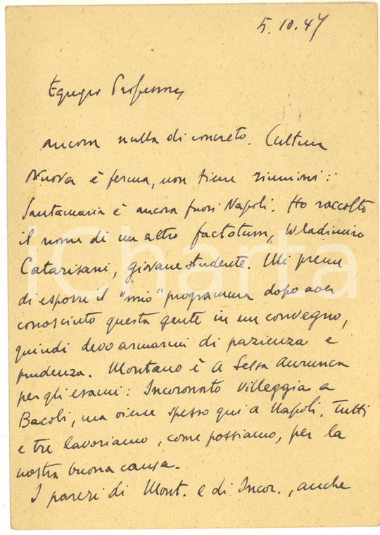 1947 NAPOLI Cartolina di Giulio VALLESE per programmi di lavoro - Autografo