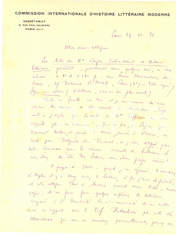 1936 PARIS Lettre Paul VAN TIEGHEM pour conférences en Italie - Autographe