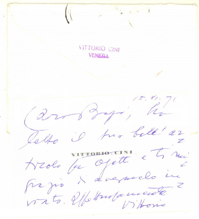 1971 VENEZIA Vittorio CINI ringrazia per invio di un articolo - Biglietto autografo