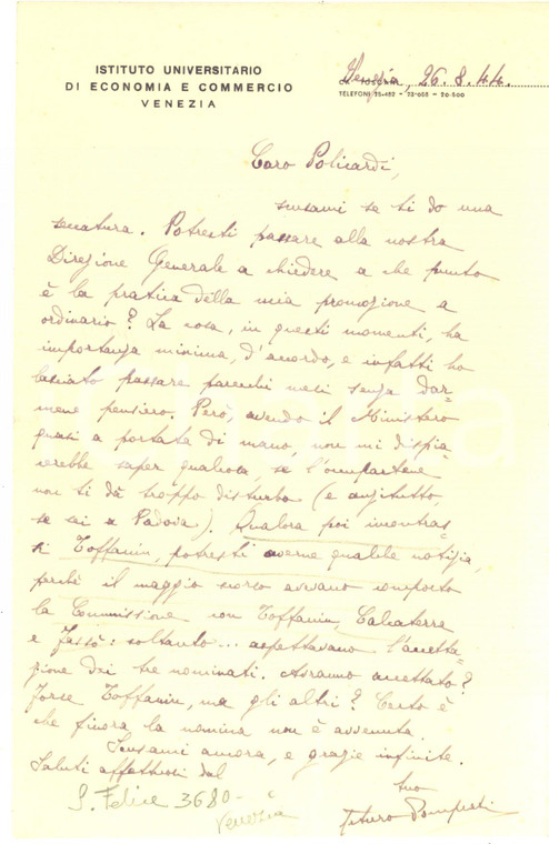 1944 VENEZIA Lettera Arturo POMPEATI LUCHINI su promozione a ordinario AUTOGRAFO