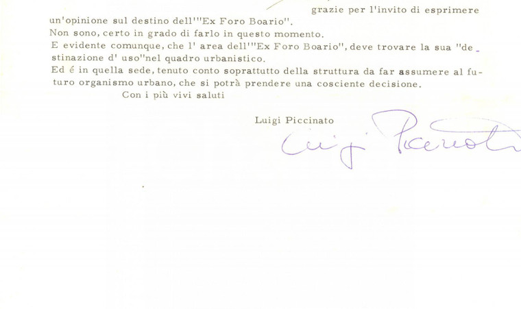 1969 ROMA Lettera Luigi PICCINATO sull'ex Foro Boario di Padova - Autografo