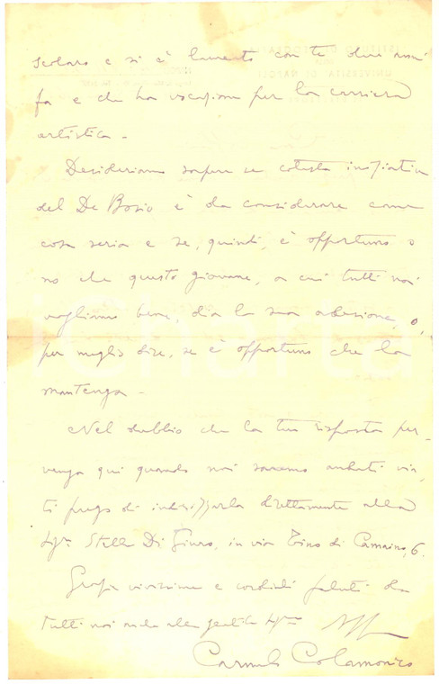 1951 Università di NAPOLI - Lettera prof. Vito Carmelo COLAMONICO - Autografo