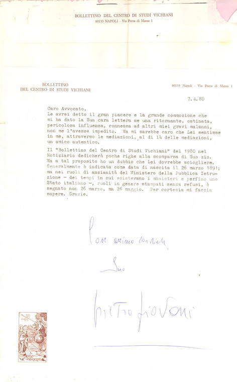 1980 NAPOLI Lettera Pietro PIOVANI - Bollettino Centro Studi Vichiani AUTOGRAFO