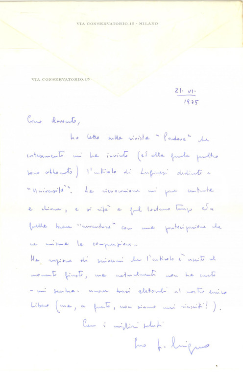 1975 MILANO Lettera Francesco CINGANO per rivista ricevuta - Autografo