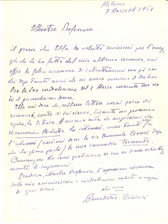 1961 MILANO Benedetto CIACERI chiede parere su "Il canonico Mistretta" AUTOGRAFO