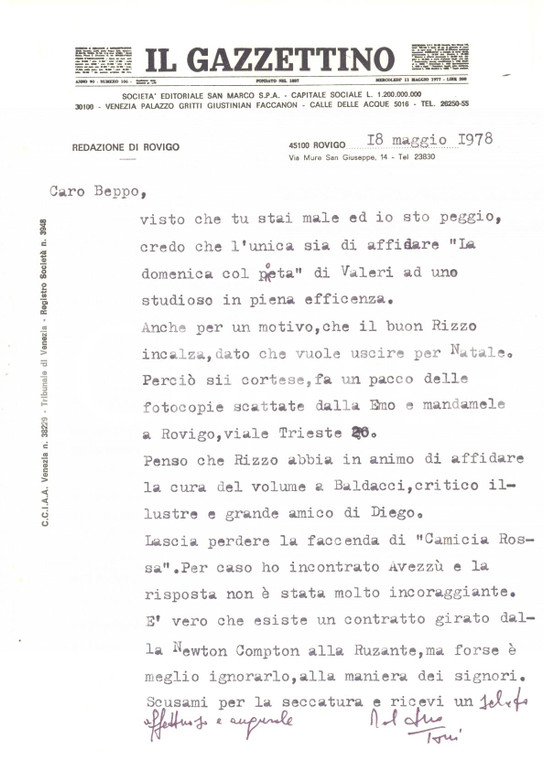 1978 ROVIGO IL GAZZETTINO Lettera Toni CIBOTTO per volume in uscita - Autografo