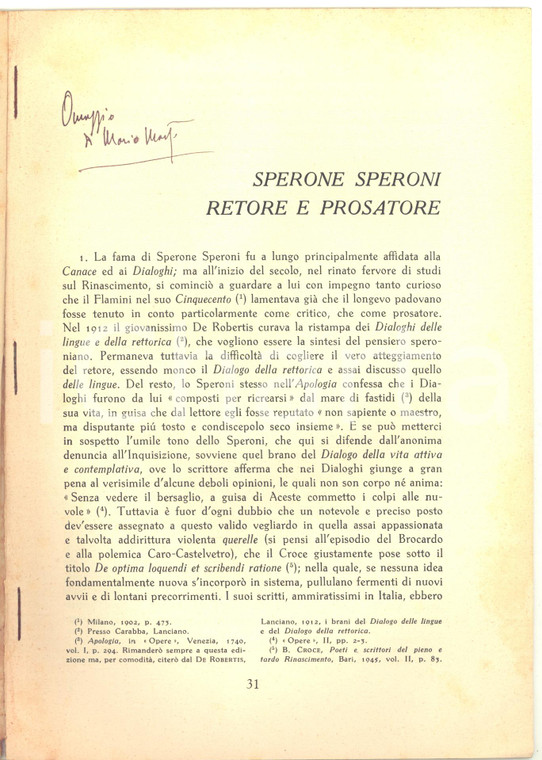 1954 Mario MARTI Sperone Speroni retore e prosatore - Invio AUTOGRAFO
