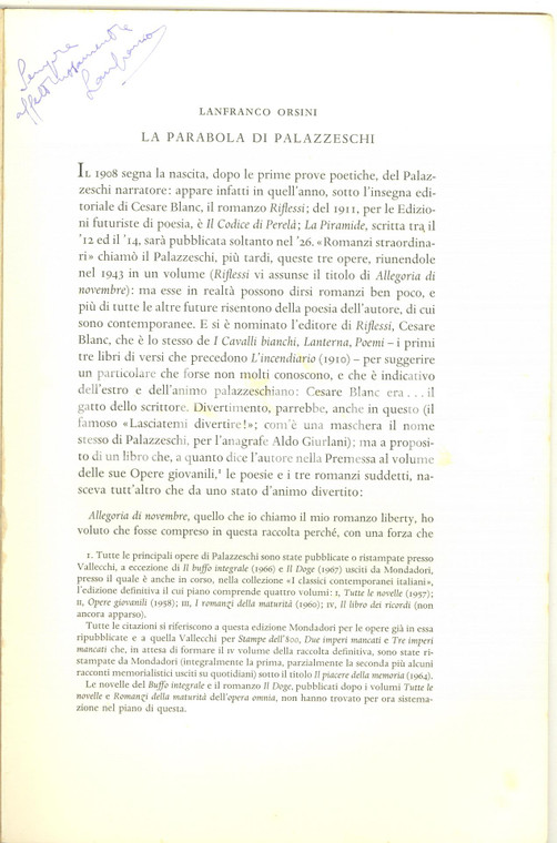 1967 Lanfranco ORSINI La parabola di Palazzeschi - Invio AUTOGRAFO