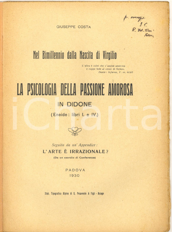 1930 Giuseppe COSTA Psicologia della passione in Didone - Invio autografo