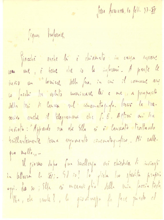 1937 SESSA AURUNCA Luigi SIMONE sull'invio della tesi a Dino Alfieri - AUTOGRAFO