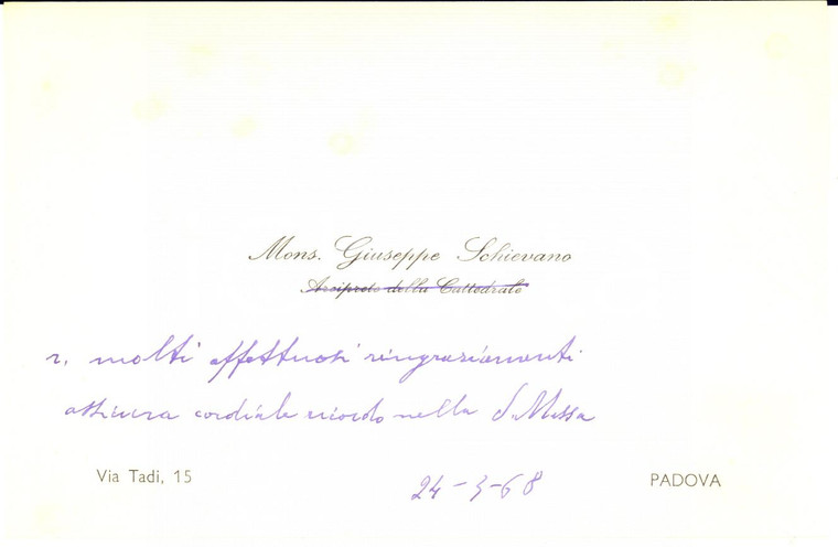 1968 PADOVA Mons. Giuseppe SCHIEVANO - Biglietto ringraziamenti AUTOGRAFO
