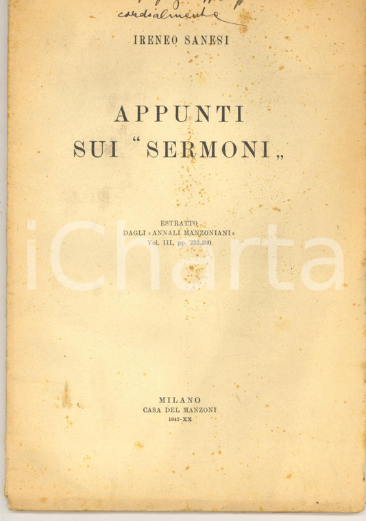 1942 MILANO Ireneo SANESI Appunti sui Sermoni"- Invio autografo"