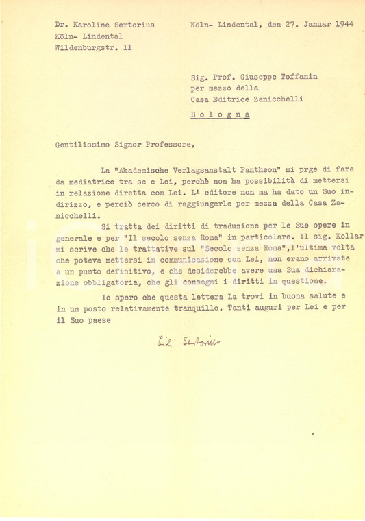 1944 KOHLN Lettera Lili SERTORIUS per diritti di traduzione - AUTOGRAFO