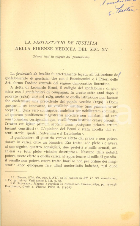 1959 Emilio SANTINI La Protestatio De Iustitia nella Firenze medicea - AUTOGRAFO