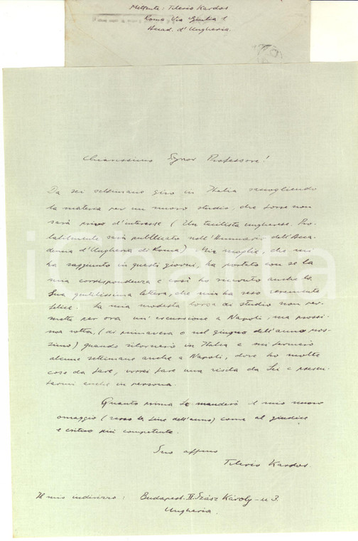 1937 ROMA Lettera prof. Tiberio KARDOS al lavoro su un nuovo studio - Autografo