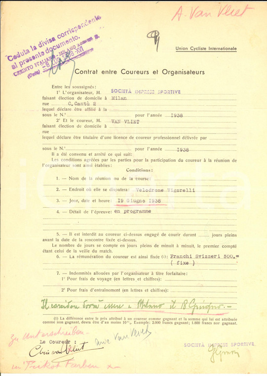 1938 CICLISMO MILANO VIGORELLI Contratto ingaggio Arie VAN VLIET - Autografo