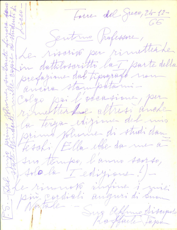 1966 TORRE DEL GRECO Lettera Raffaele PAPA per invio di un'opera - AUTOGRAFO