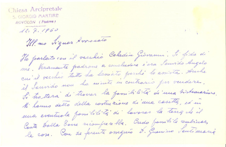 1960 ROVOLON (PD) Chiesa S. Giorgio Martire - Lettera don Guerrino SANTIMARIA