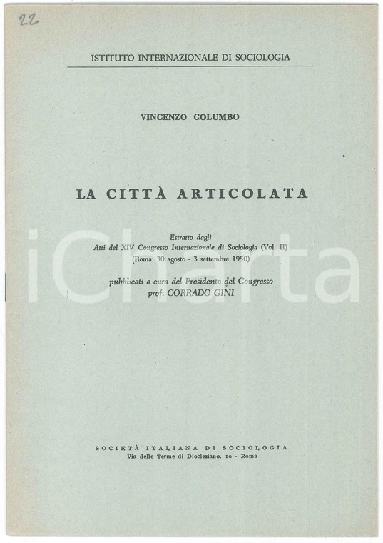 1950 Vincenzo COLUMBO La città articolata - Istituto Internazionale Sociologia