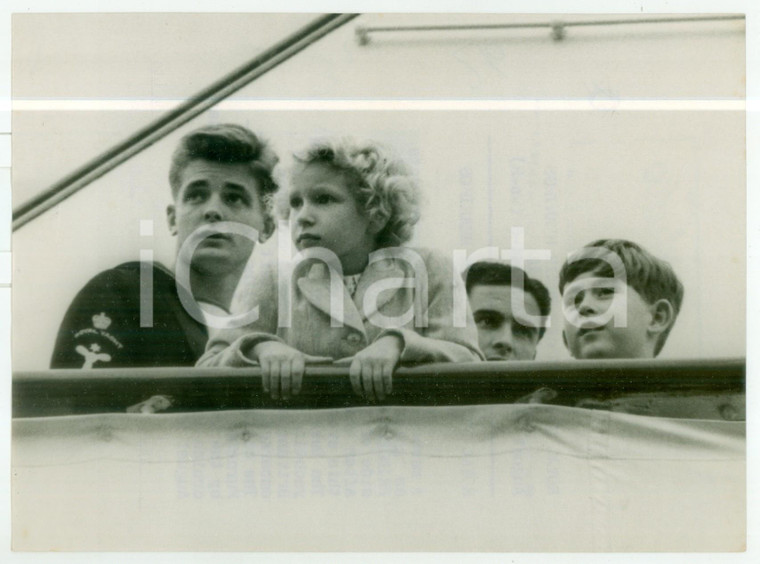 1956 BRITANNIA Royal children Charles and Anne look over the side of the yacht