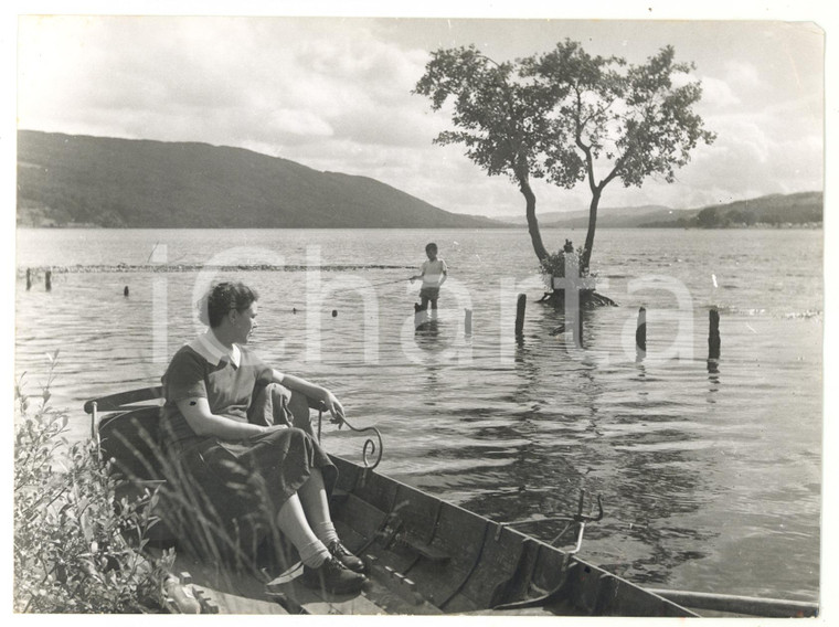 1958 CONISTON WATER A girl in a boat and a boy with a fishing rod *Photo 20x15