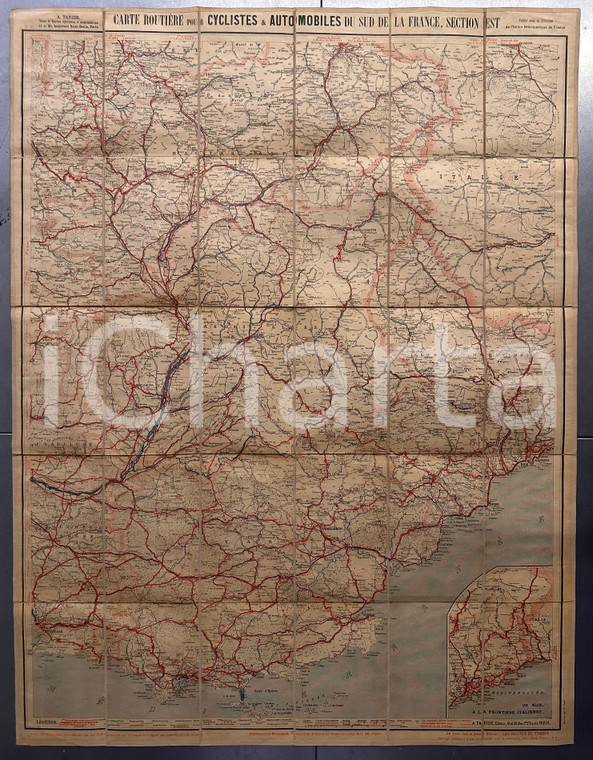 1904 Carte TARIDE - Midi de la FRANCE - Carte cycliste automobile ^Mappa su tela