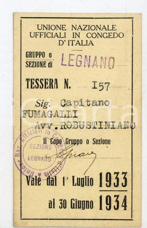1933 UNUCI LEGNANO (MI) Tessera cap. Robustiniano FUMAGALLI