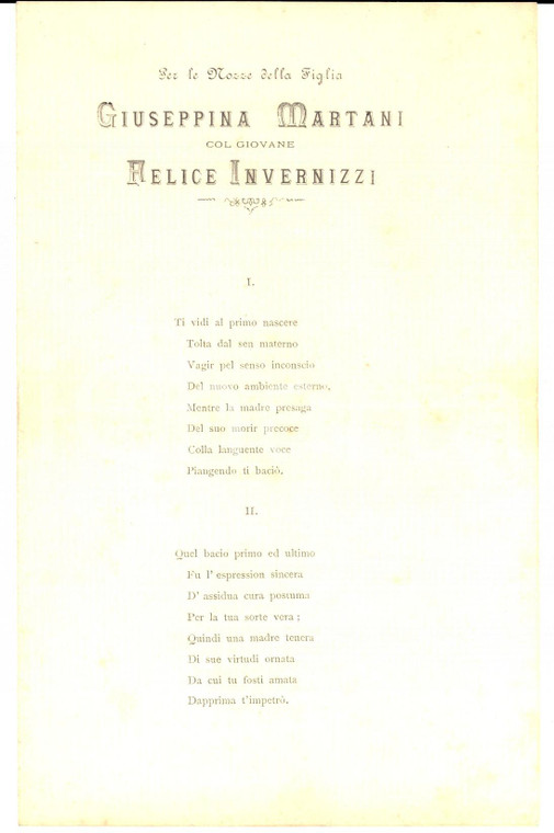 1890 ca LODI Nozze Giuseppina MARTANI - Felice INVERNIZZI - Poemetto dedicatorio