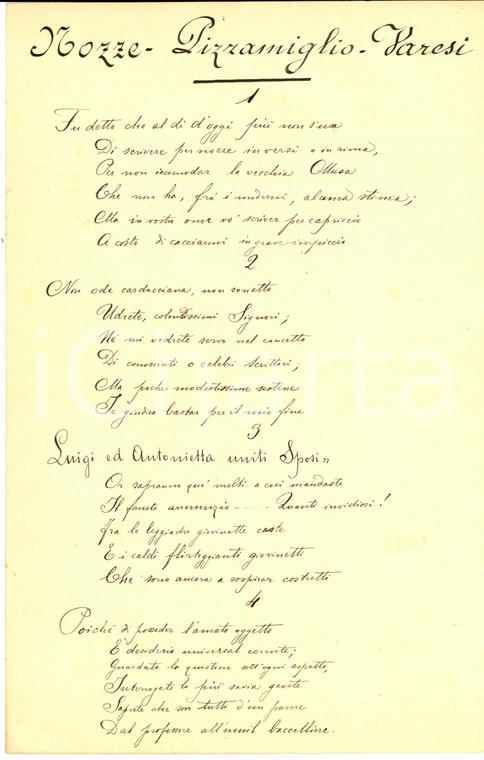 1898 LODI Nozze Luigi PIZZAMIGLIO - Antonietta VARESI - Poemetto manoscritto