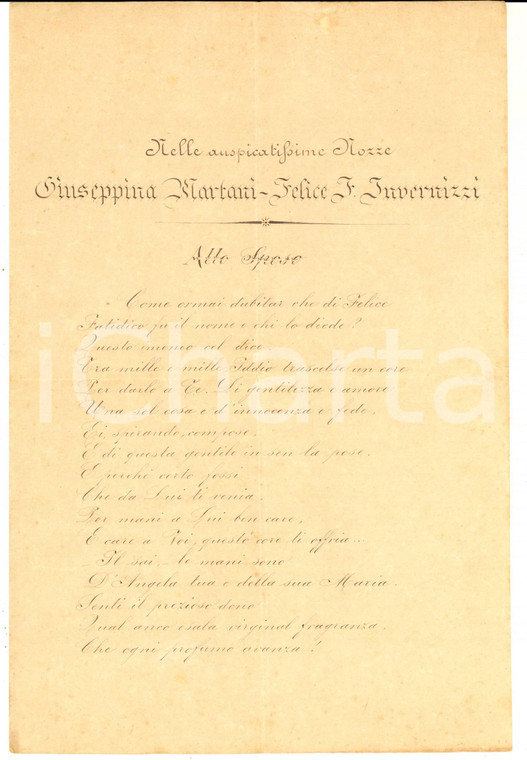 1890 ca LODI Nozze Giuseppina MARTANI - Felice INVERNIZZI - Poemetto manoscritto