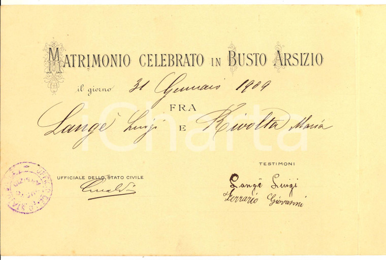 1909 BUSTO ARSIZIO Nozze Luigi LANGE' - Maria RIVOLTA - Partecipazione ricordo