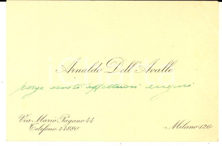1940 ca MILANO Arnaldo DELLA VALLE - Biglietto da visita per auguri AUTOGRAFO