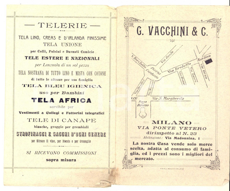 1890 ca MILANO Ditta G. VACCHINI - Biancherie e pelletterie - Pieghevole