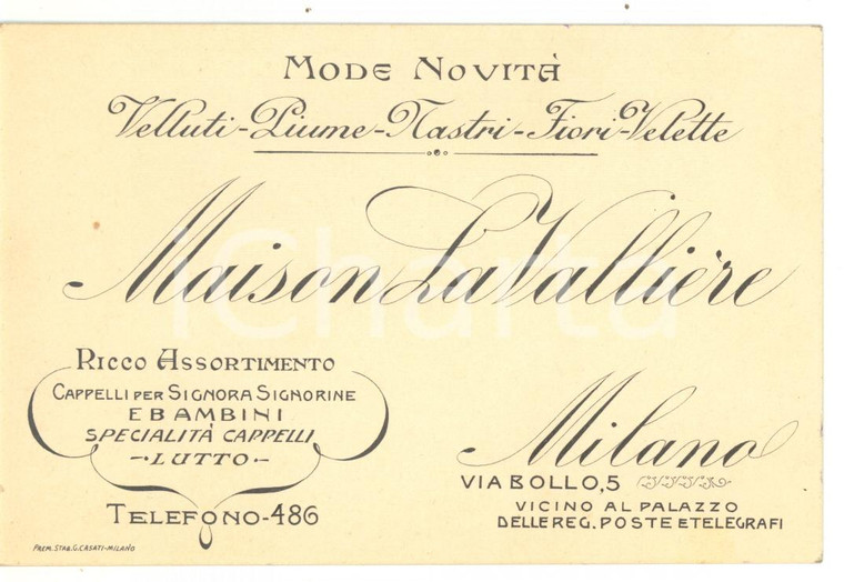 1910 ca MILANO Maison LA VALLIERE Cappelli per signora *Cartoncino PUBBLICITARIO