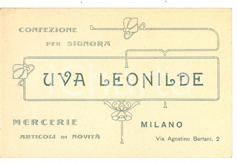 1910 ca MILANO Leonilde UVA - Confezione per signora *Cartoncino PUBBLICITARIO