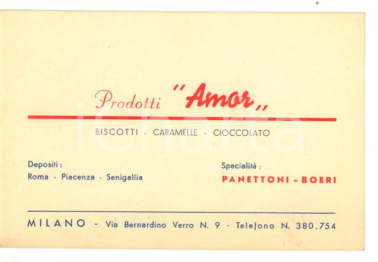 1950 ca MILANO Prodotti "Amor" - Biscotti e caramelle *Biglietto PUBBLICITARIO