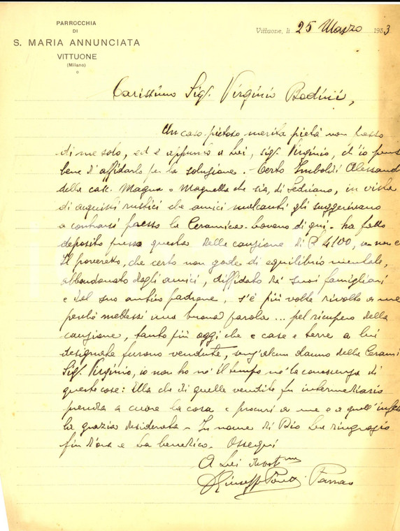 1933 VITTUONE (MI) Lettera di don Giuseppe PORETTI per soccorso a un fedele