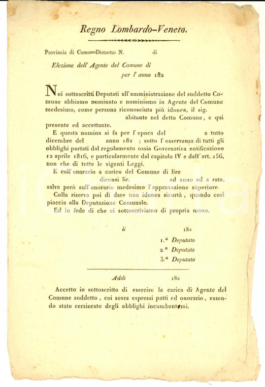 1820 ca REGNO LOMBARDO-VENETO Nomina dell'Agente del Comune *Modulo a stampa